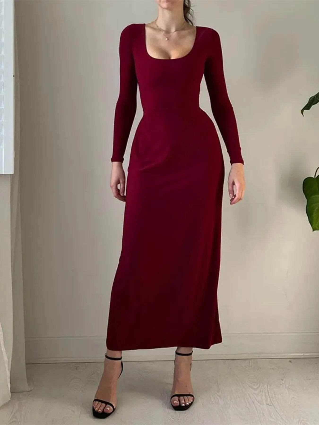 Full Size Tied Long Sleeve Bodycon Midi Dress Plus Size - IntuitiveEncBoutique