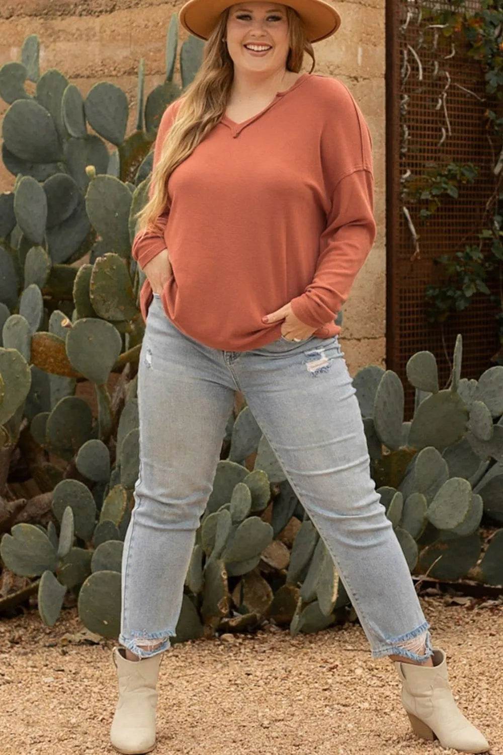 Plus Size Notched Long Sleeve T-Shirt - IntuitiveEncBoutique