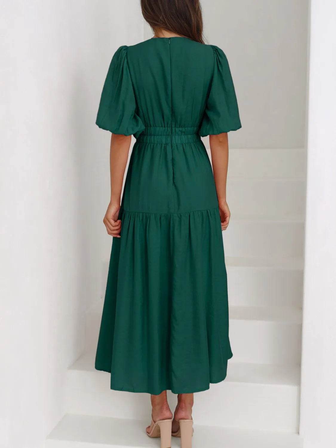 V-Neck Puff Sleeve Midi Dress - IntuitiveEncBoutique