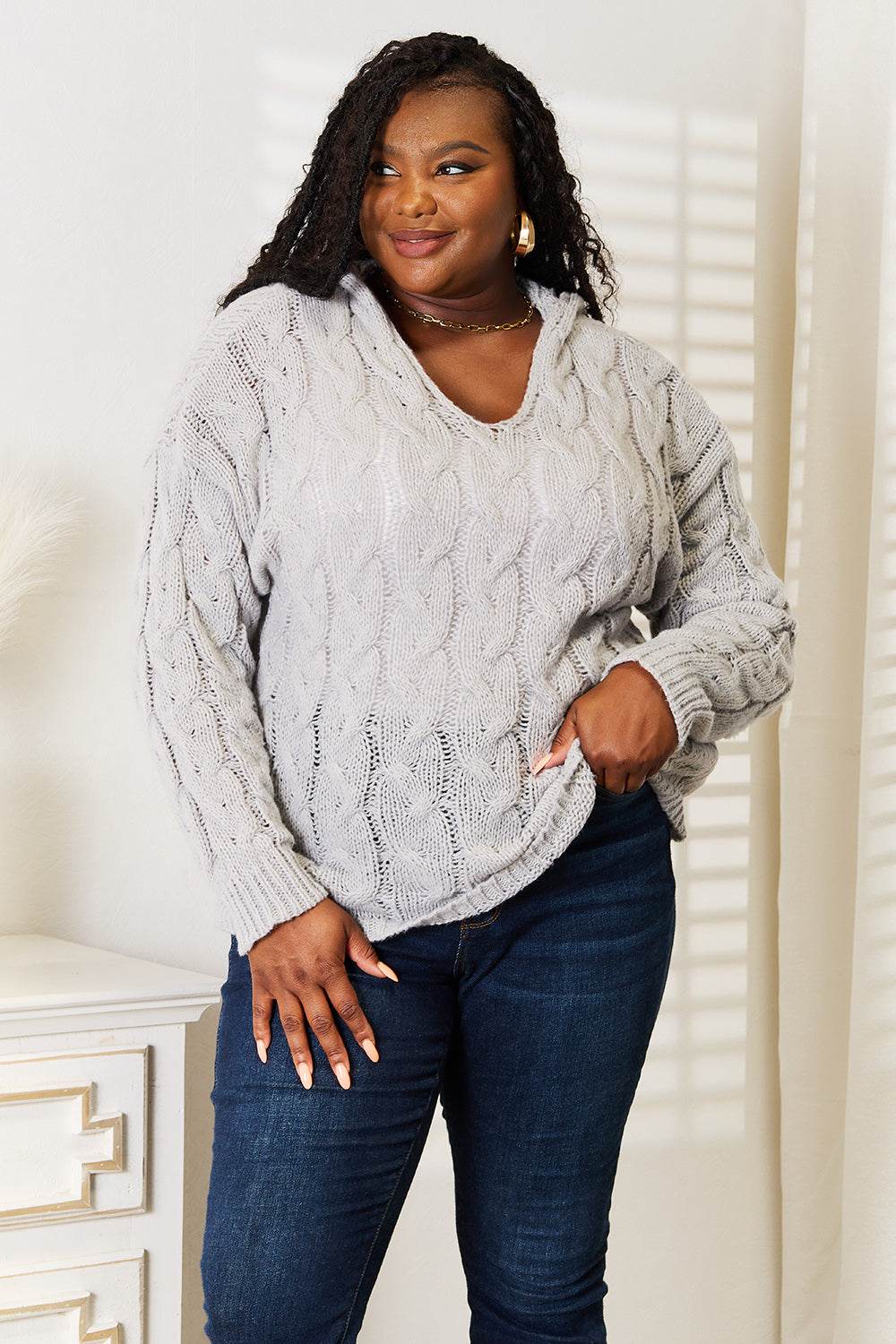 Woven Right Cable-Knit Hooded Sweater - IntuitiveEncBoutique