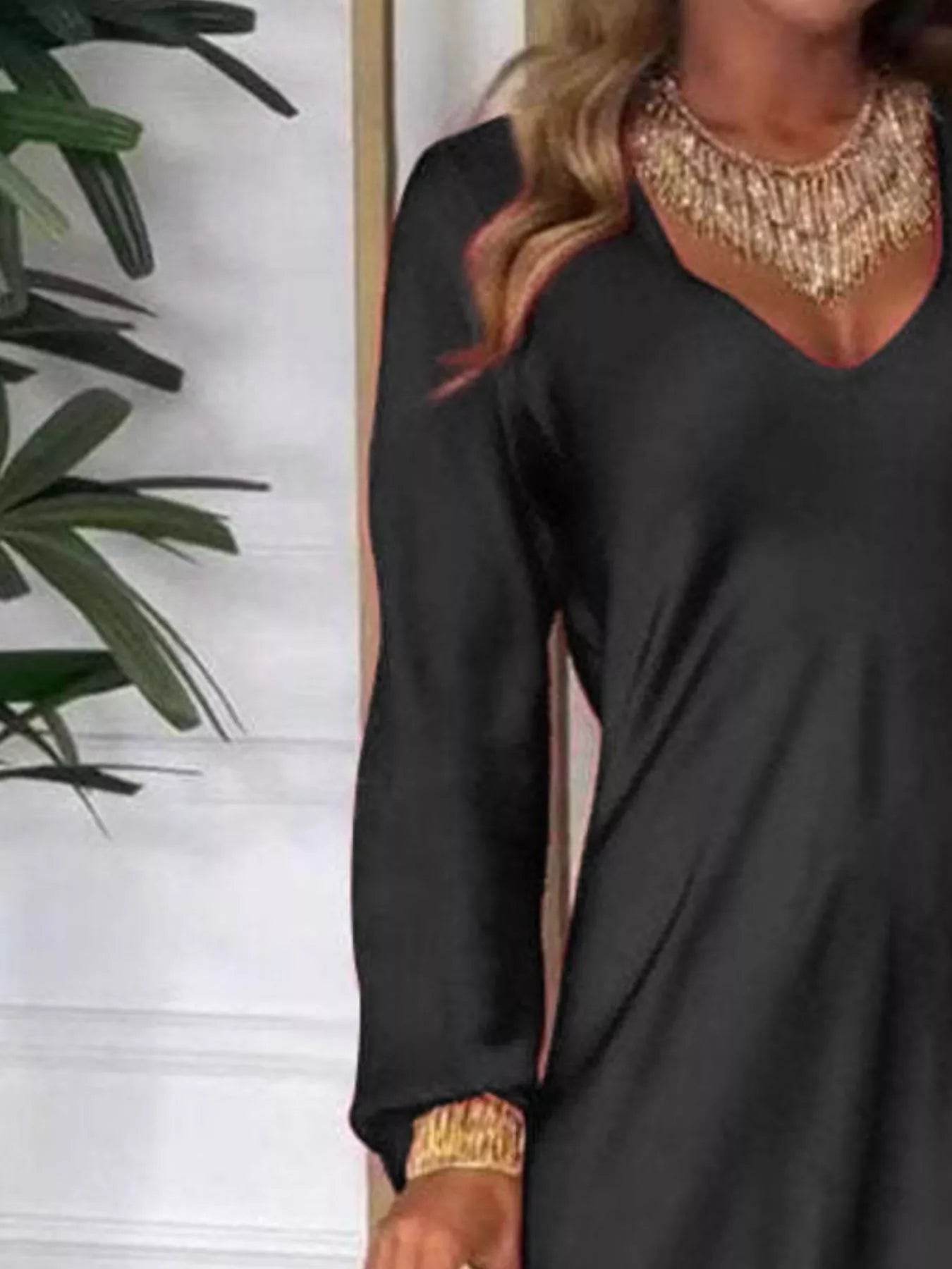 Full Size V-Neck Long Sleeve Midi Dress Plus Size - IntuitiveEncBoutique