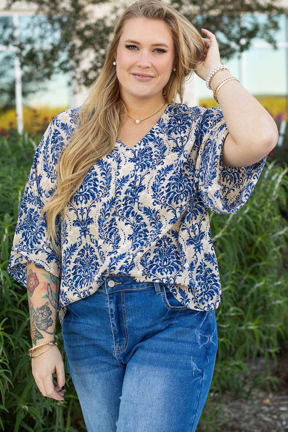 Blue Plus Size Ethnic Printed 3/4 Sleeve V Neck Loose Blouse - IntuitiveEncBoutique