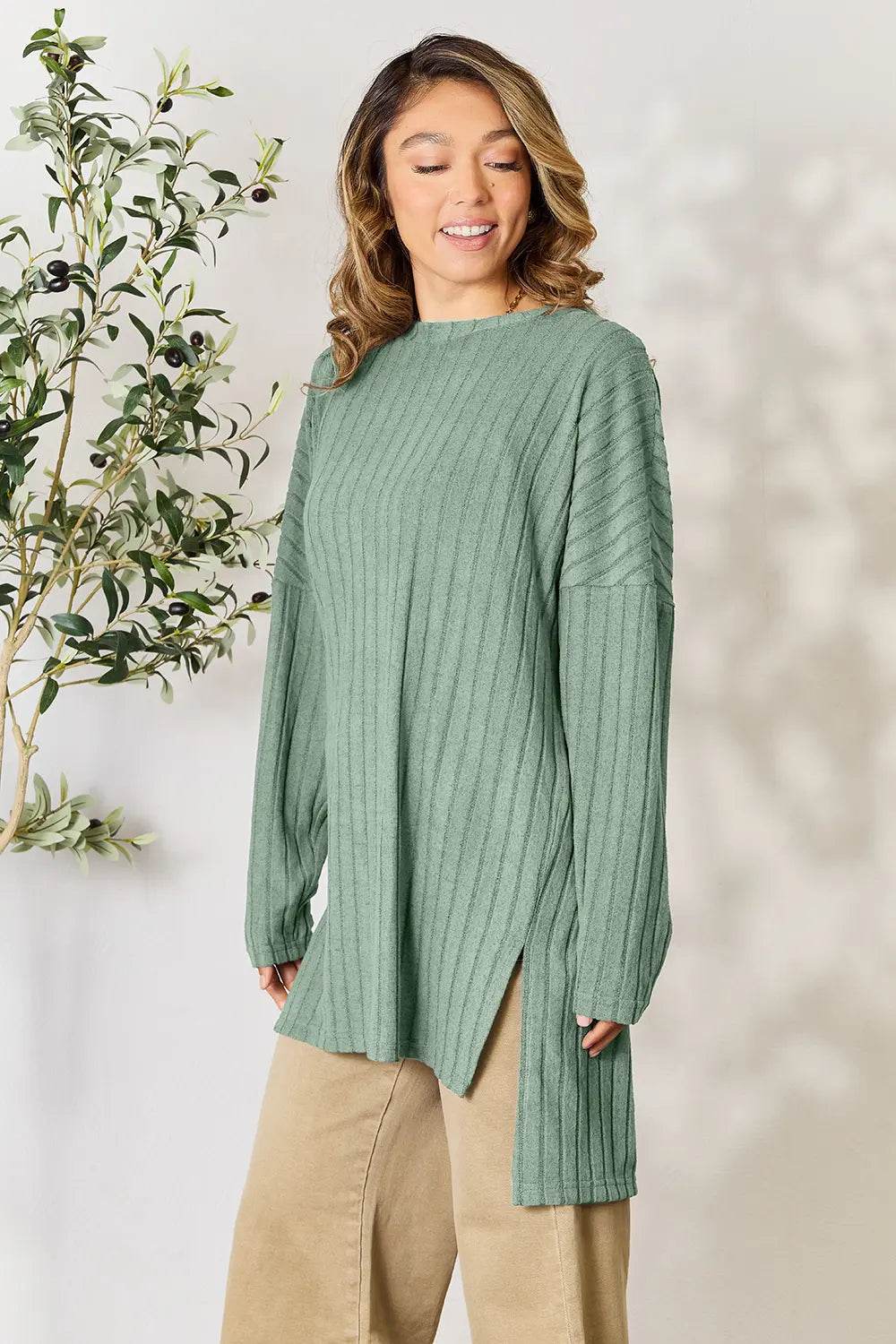 Basic Bae Full Size Ribbed Round Neck Long Sleeve Slit Top - IntuitiveEncBoutique