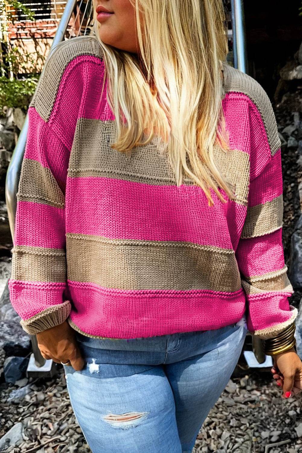 Khaki Stripe Color Block PLus Size Drop Shoulder Sweater - IntuitiveEncBoutique