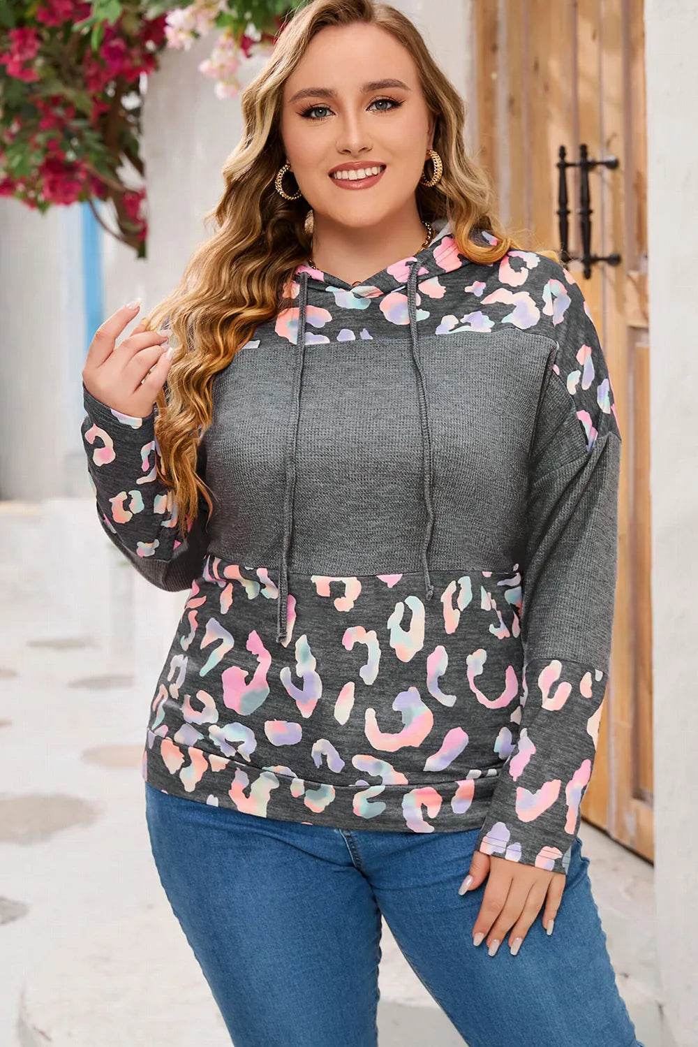 Plus Size Leopard Dropped Shoulder Long Sleeve Hoodie - IntuitiveEncBoutique