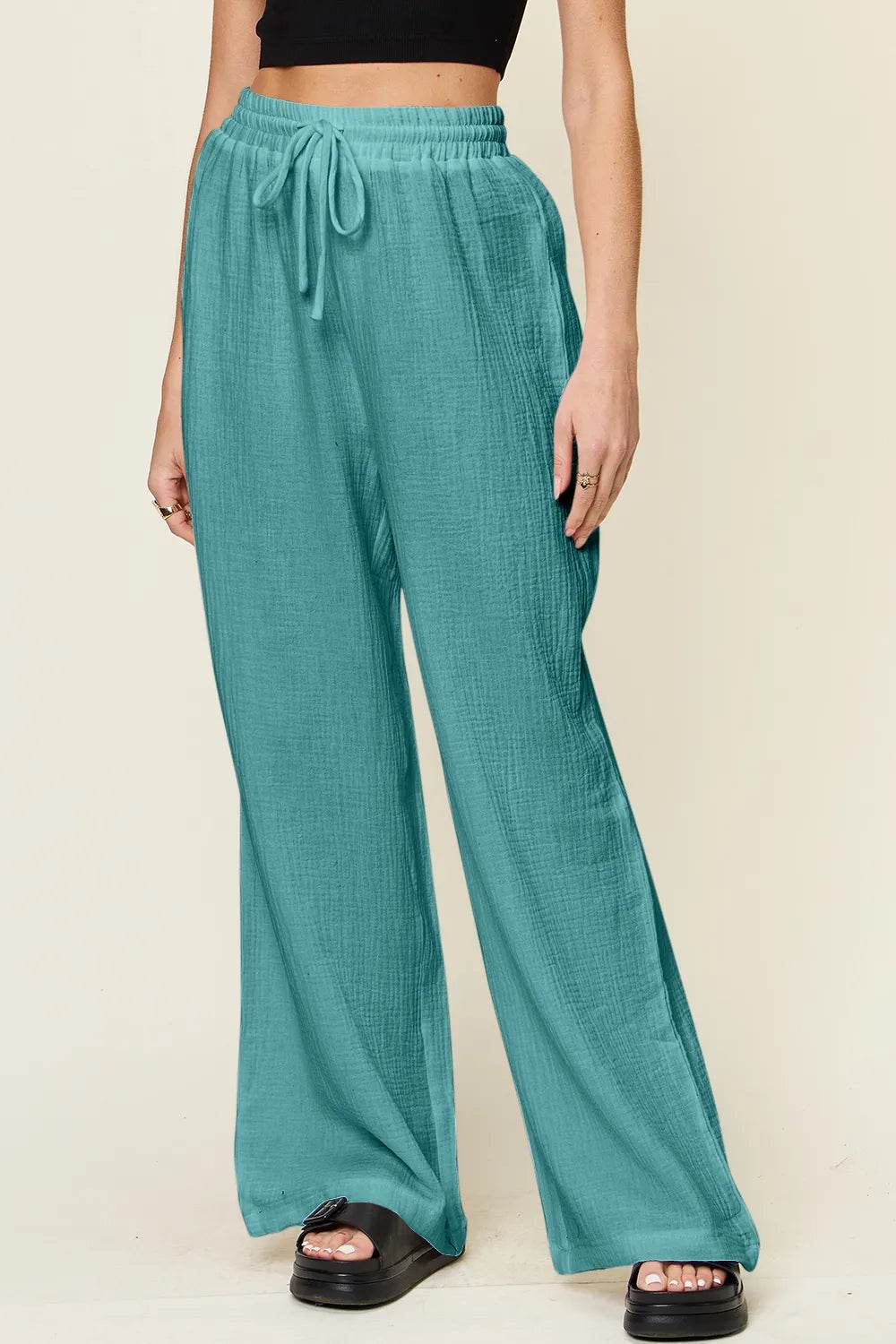 Double Take Full Size Texture Drawstring Wide Leg Pants - IntuitiveEncBoutique