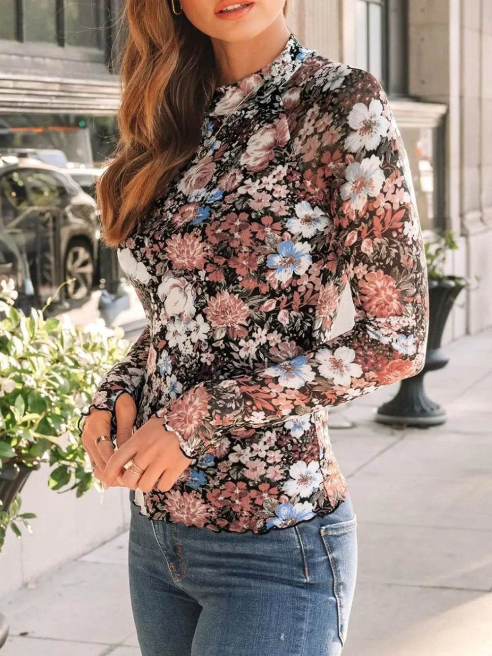 Floral Mock Neck Long Sleeve T-Shirt - IntuitiveEncBoutique