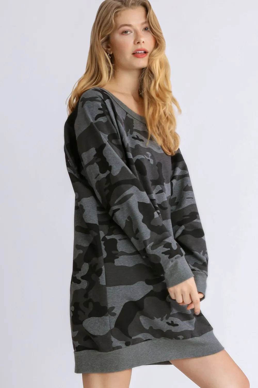 Full Size Camo Print Ribbed Hem French Terry Mini Dress Plus Size - IntuitiveEncBoutique