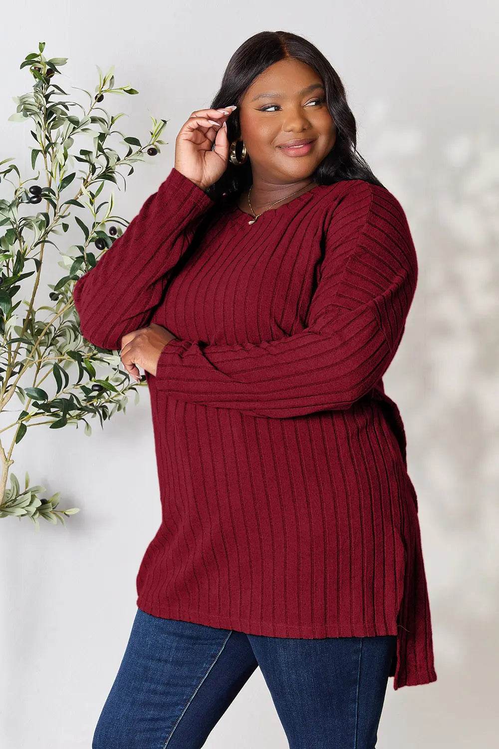 Basic Bae Full Size Ribbed Round Neck Long Sleeve Slit Top - IntuitiveEncBoutique