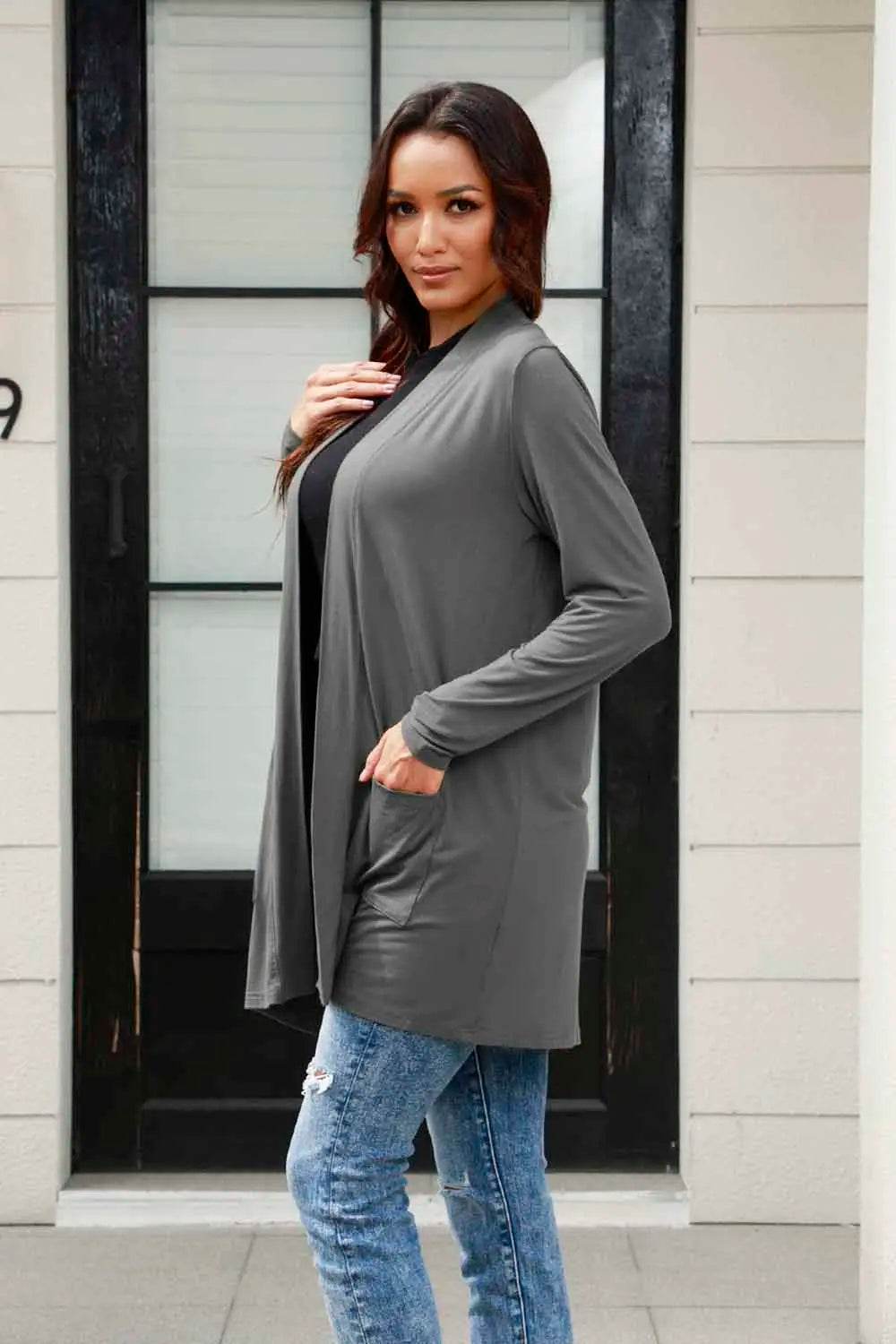Basic Bae Full Size Open Front Long Sleeve Cardigan with Pockets - IntuitiveEncBoutique