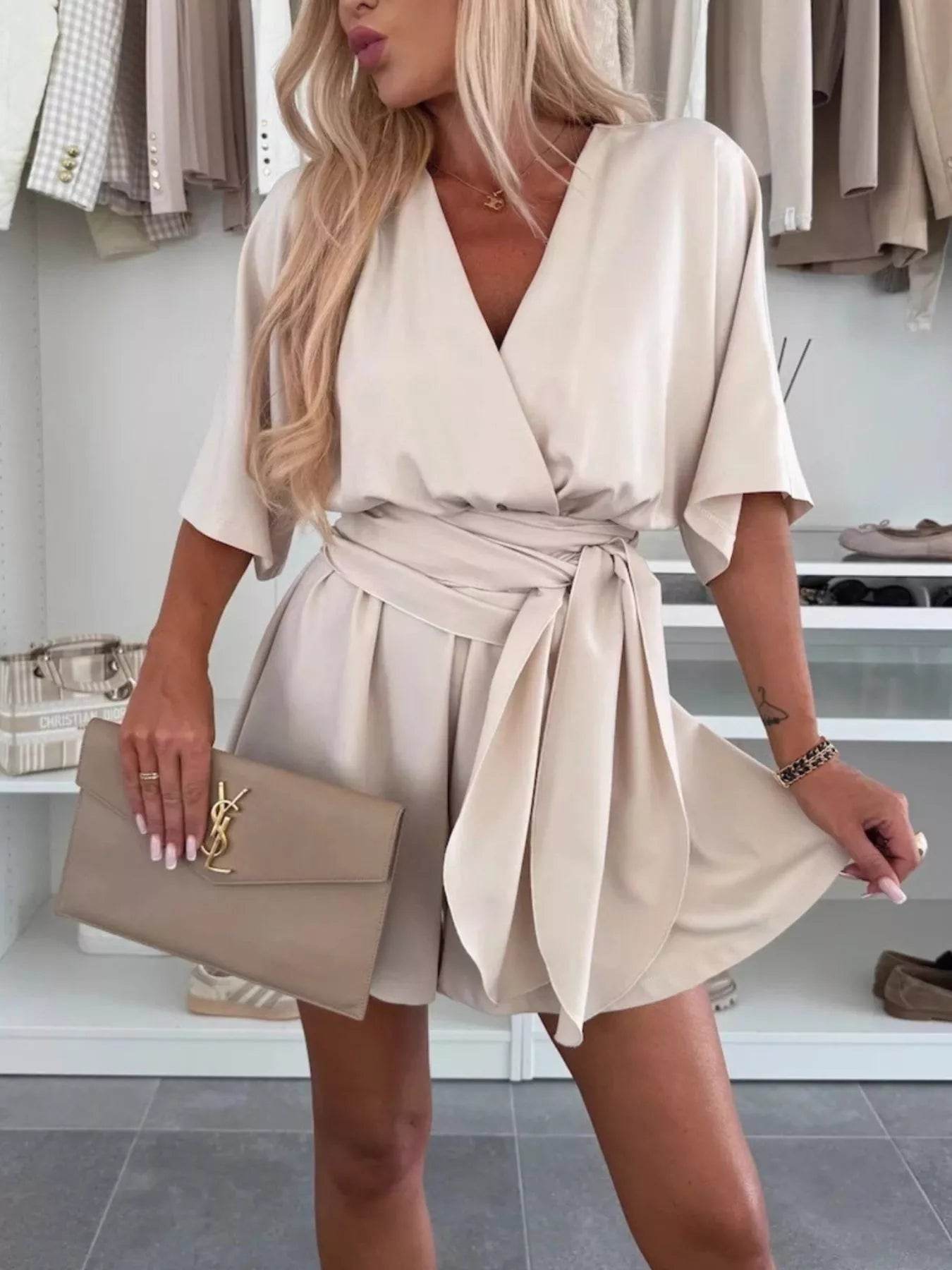 Full Size Surplice Tie Waist Romper Plus Size - IntuitiveEncBoutique