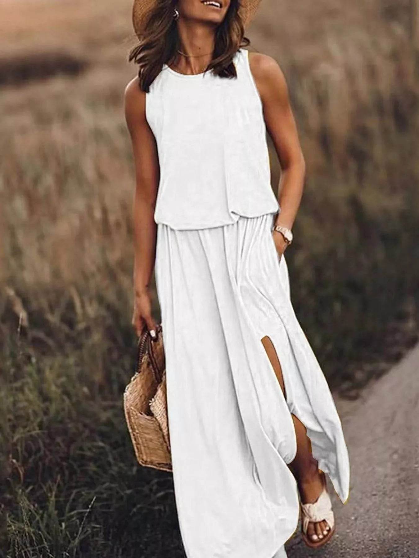 Full Size Round Neck Sleeveless Slit Maxi Dress Plus Size - IntuitiveEncBoutique
