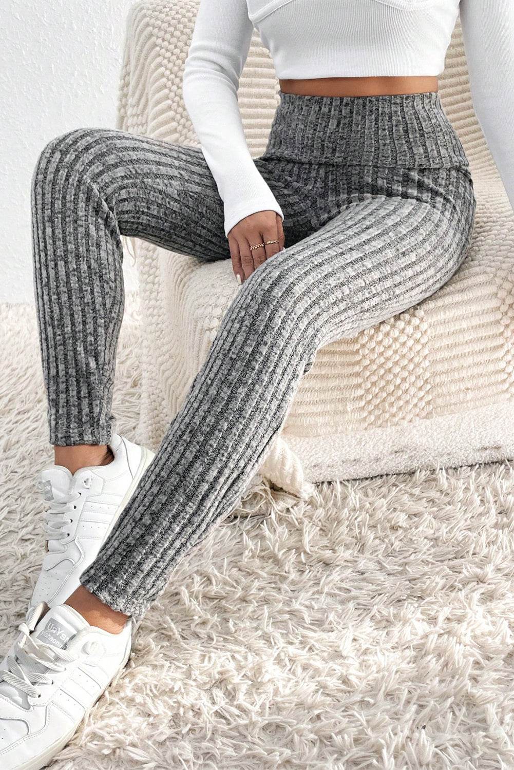 Dark Grey Wide Waistband Ribbed Textured Knit Leggings - IntuitiveEncBoutique