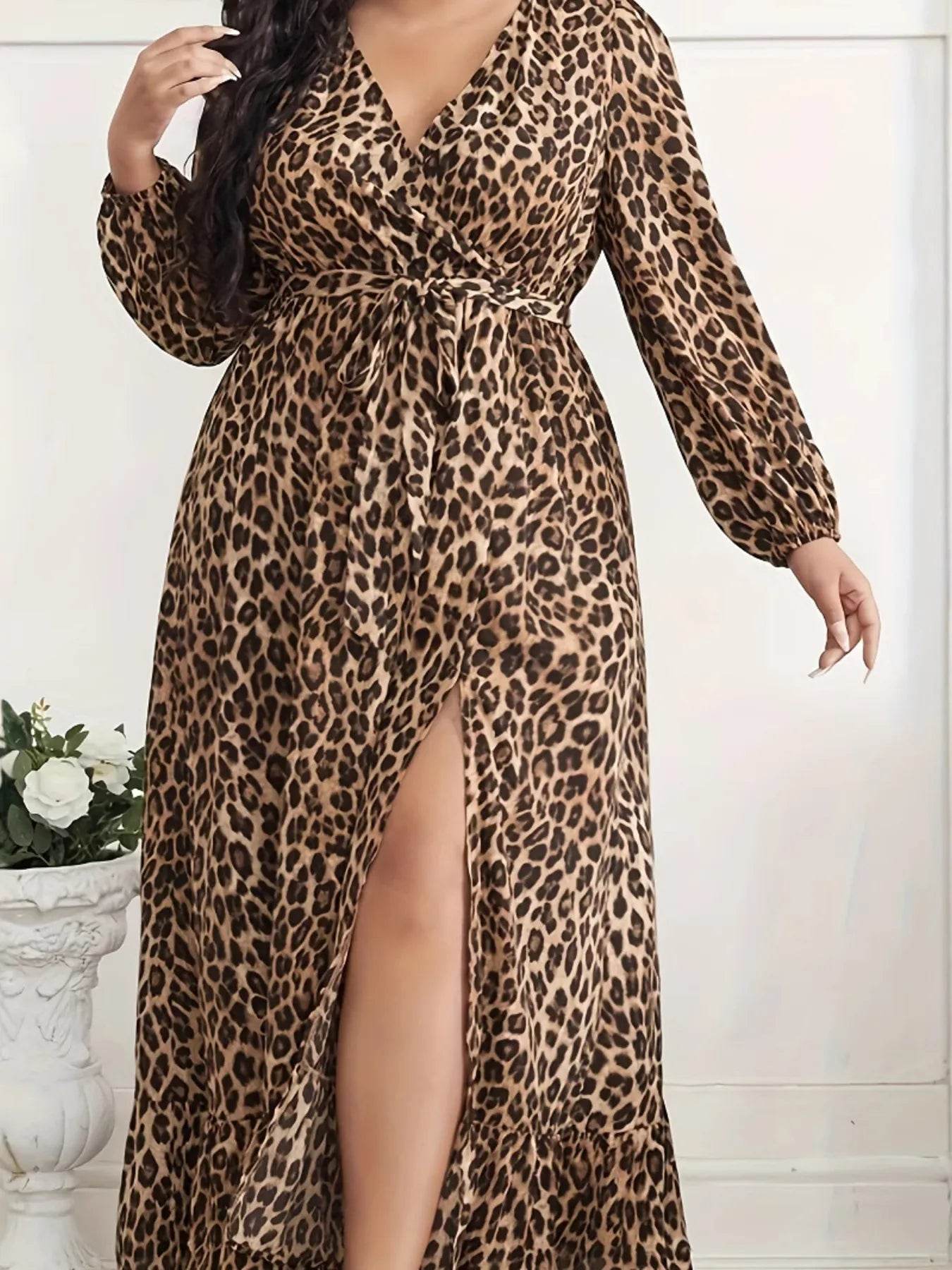 Plus Size Leopard Print Surplice Maxi Dress - IntuitiveEncBoutique
