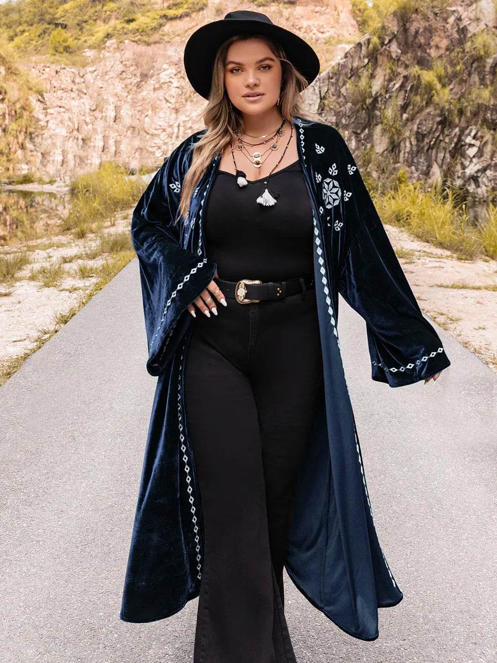 Plus Size Embroidery Open Front Long Sleeve Cardigan - IntuitiveEncBoutique