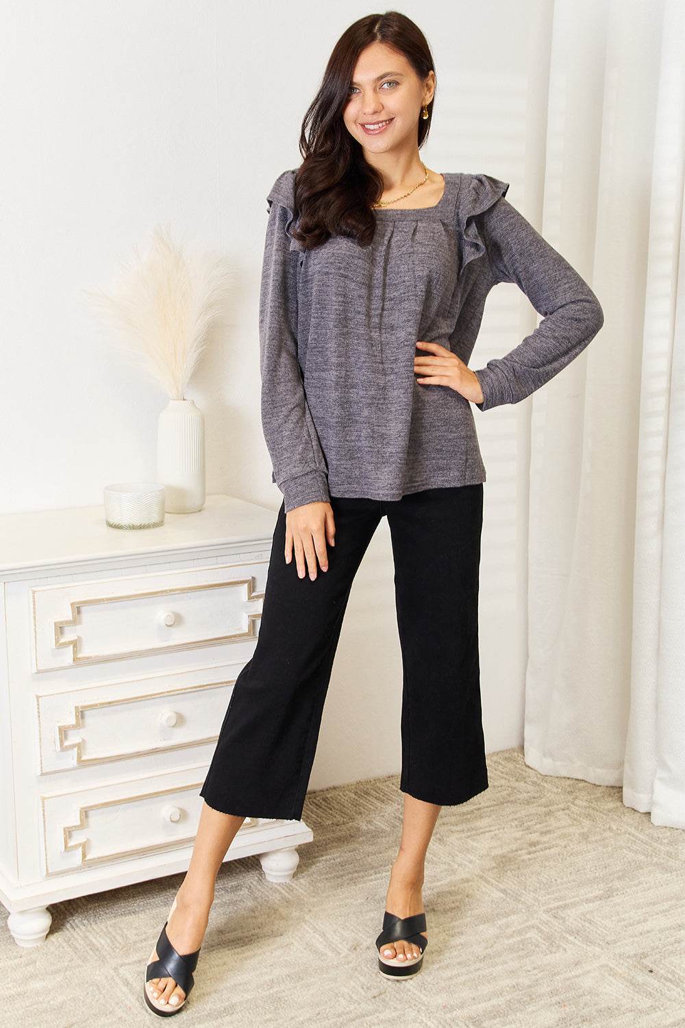 Double Take Square Neck Ruffle Shoulder Long Sleeve T-Shirt - IntuitiveEncBoutique