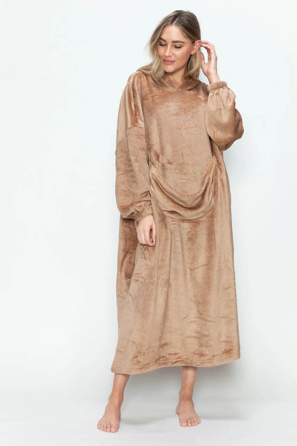 Double Take Full Size Pocketed Hooded Midi Lounge Dress - IntuitiveEncBoutique