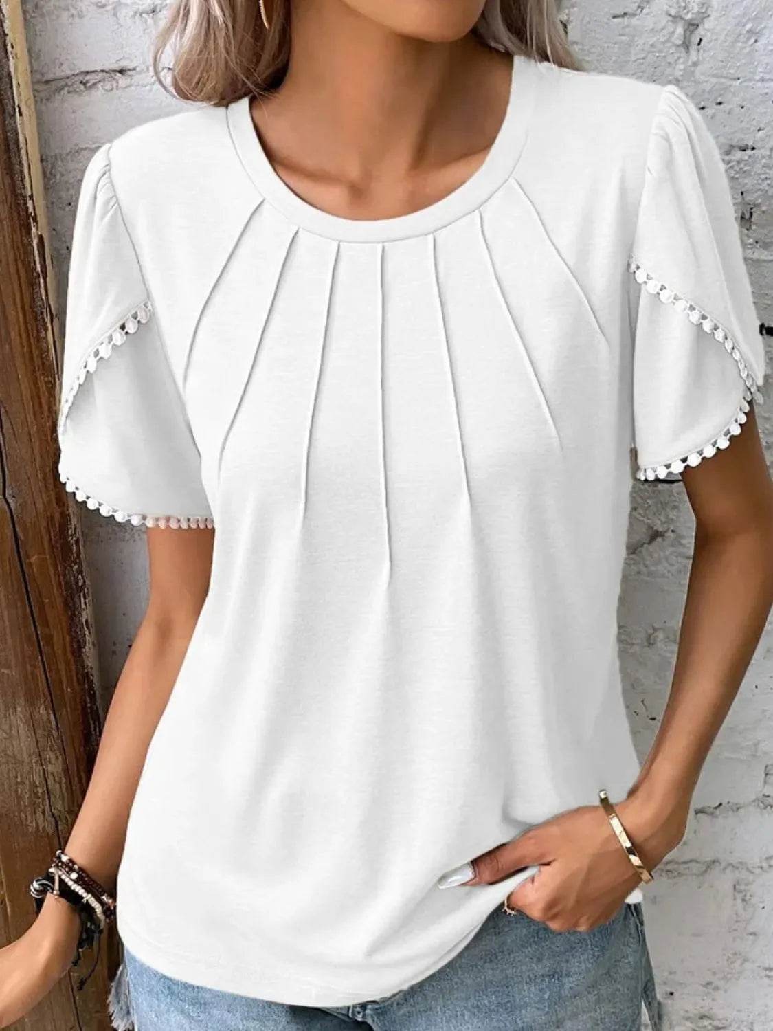 Full Size Round Neck Petal Sleeve Blouse Plus Size - IntuitiveEncBoutique