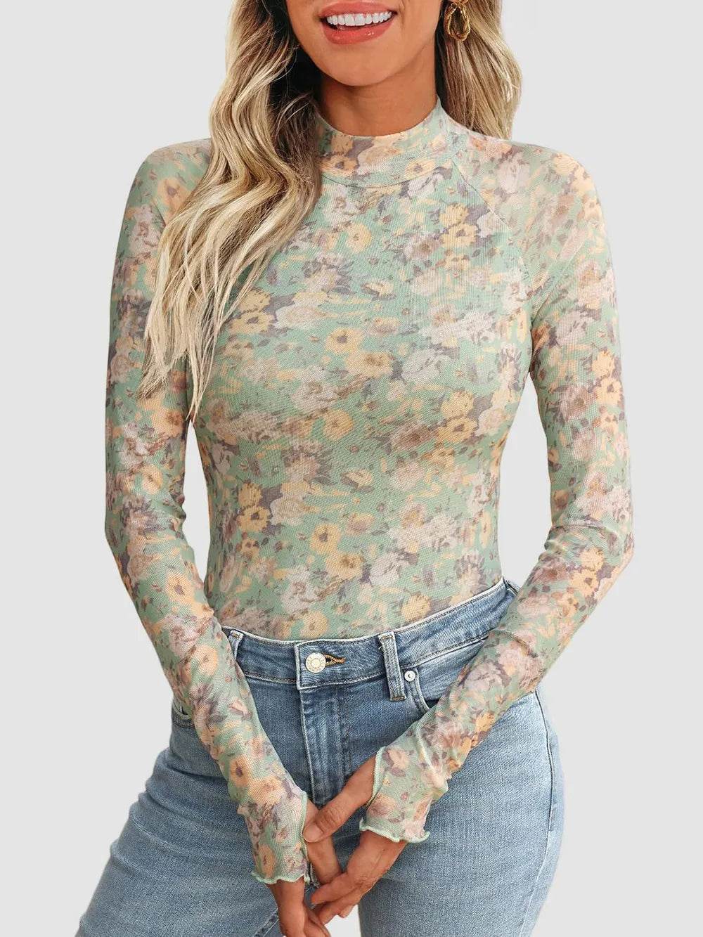 Floral Mock Neck Long Sleeve T-Shirt - IntuitiveEncBoutique