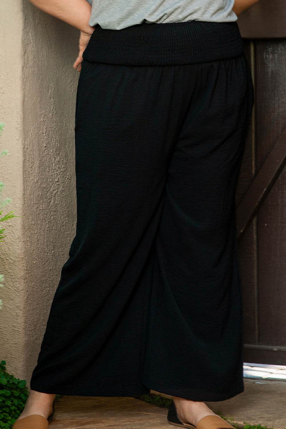 Black Shirred High Waist Plus Size Wide Leg Pants - IntuitiveEncBoutique