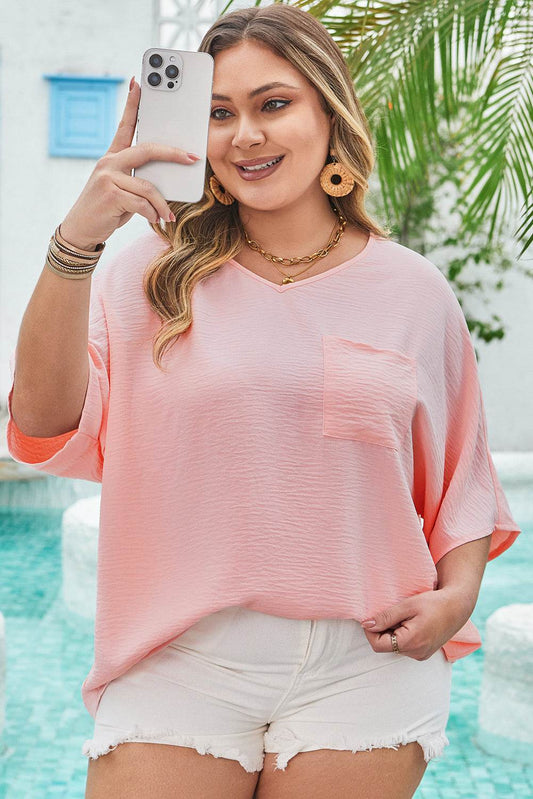 Pink Textured Half Sleeve V Neck Plus Size T Shirt with Chest Pocket - IntuitiveEncBoutique