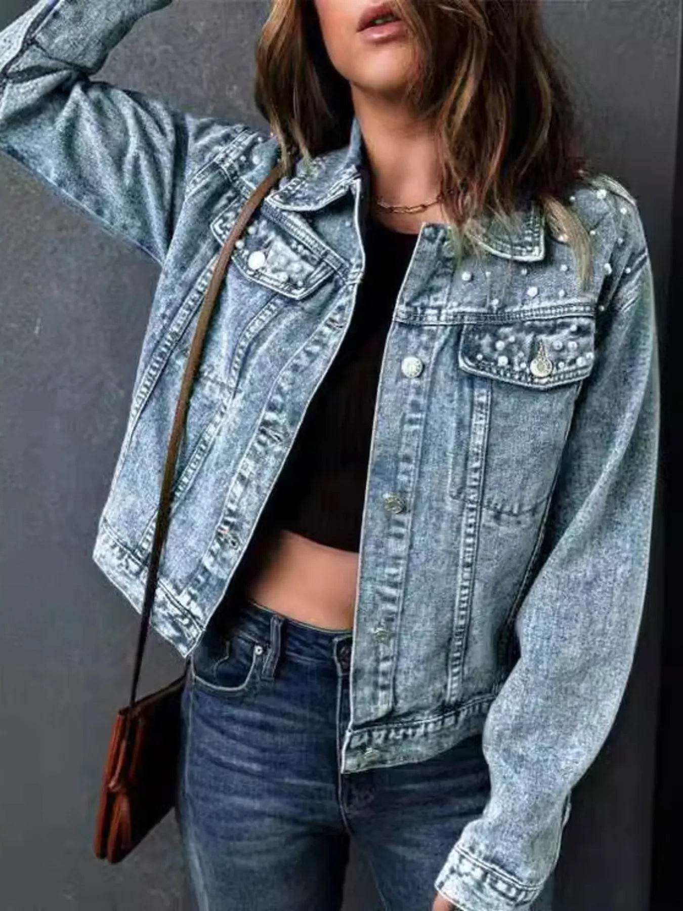 Full Size Pearl Detail Button Up Long Sleeve Denim Jacket Plus Size - IntuitiveEncBoutique