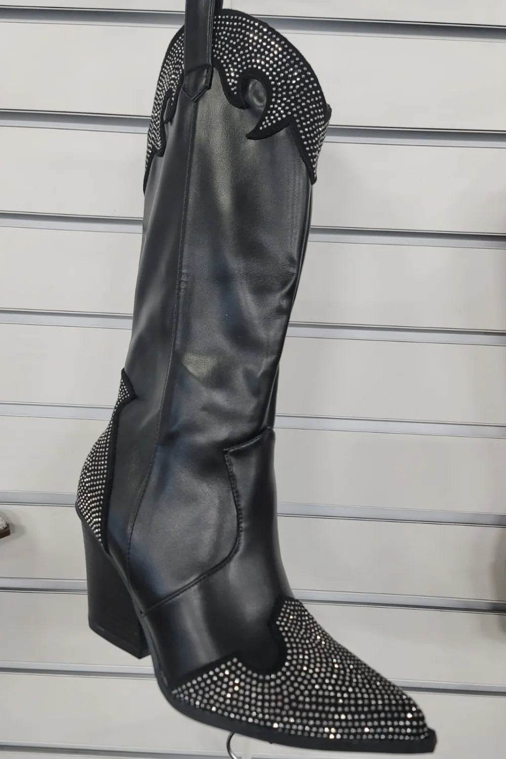 Weeboo Chunky Heel Rhinestone Decor Western Boots - IntuitiveEncBoutique