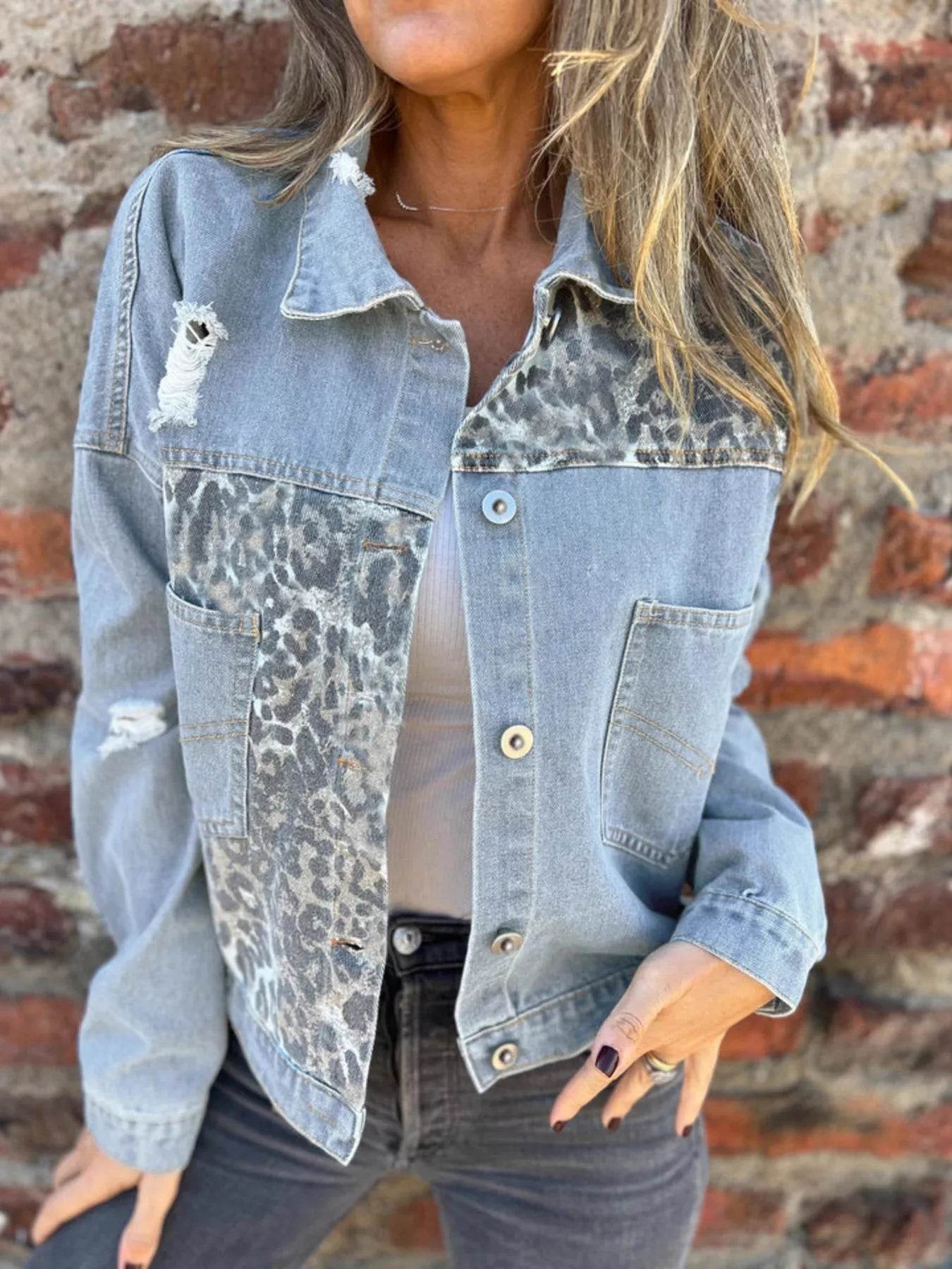 Full Size Leopard Button Up Denim Jacket Plus Size - IntuitiveEncBoutique