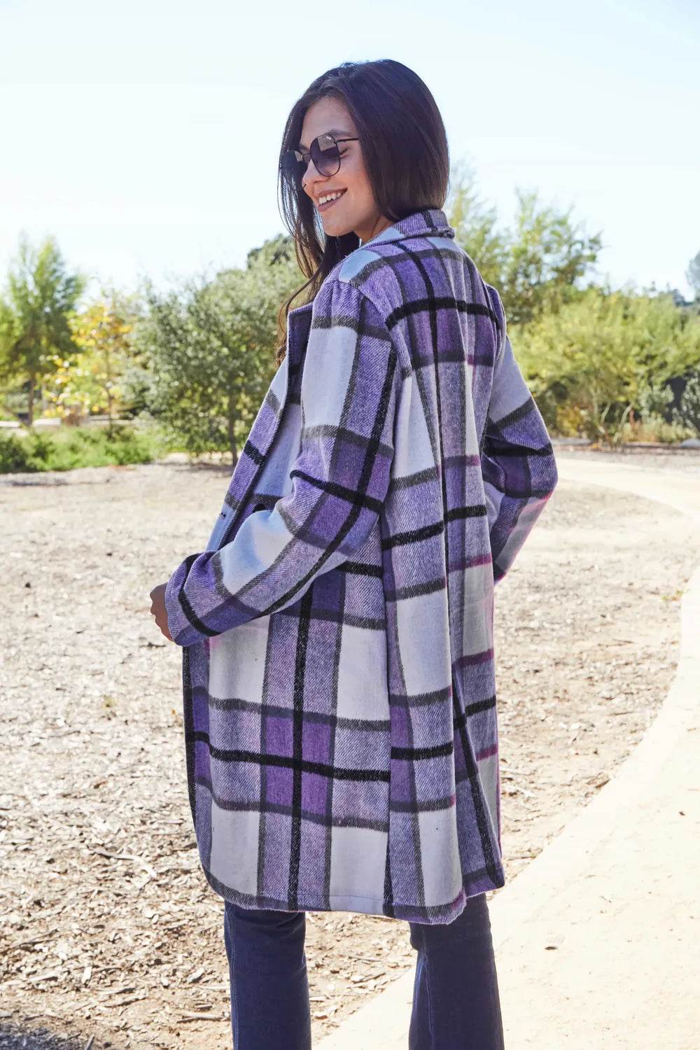 Double Take Full Size Plaid Button Up Lapel Collar Coat - IntuitiveEncBoutique