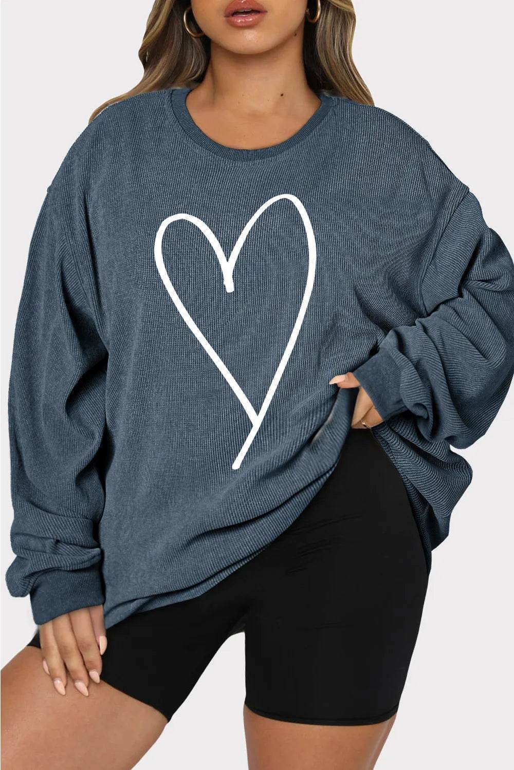 Plus Size Heart Ribbed Round Neck Sweatshirt - IntuitiveEncBoutique