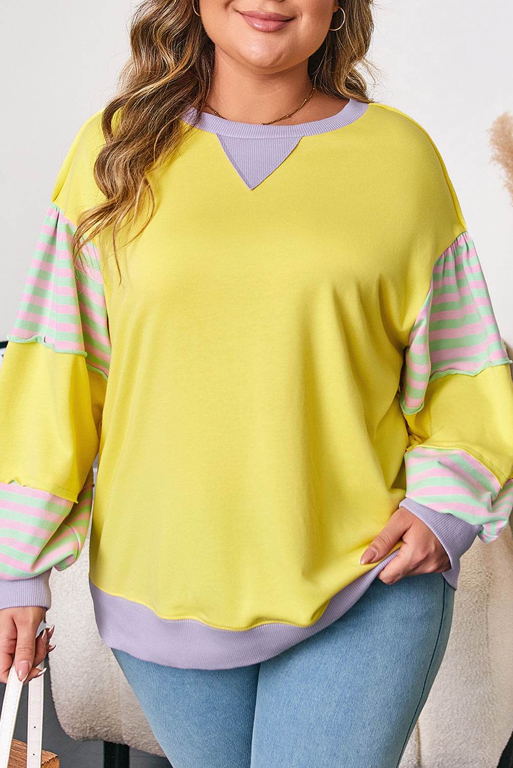 Yellow Striped Color Block Patchwork Crewneck Plus Size Pullover Sweatshirt - IntuitiveEncBoutique