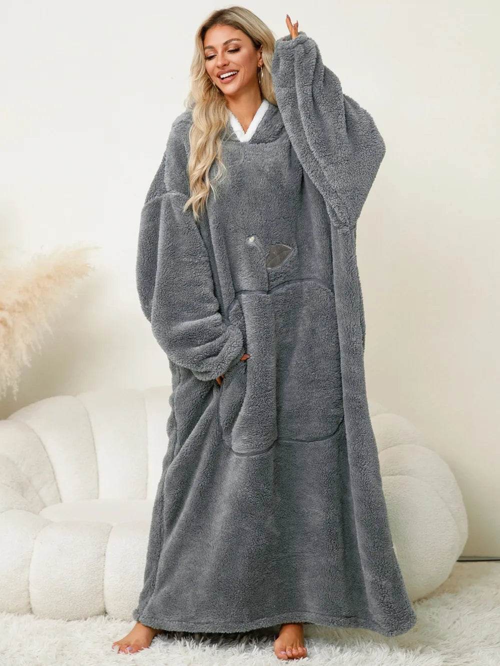 Pocketed Contrast Long Sleeve Hooded Lounge Dress - IntuitiveEncBoutique