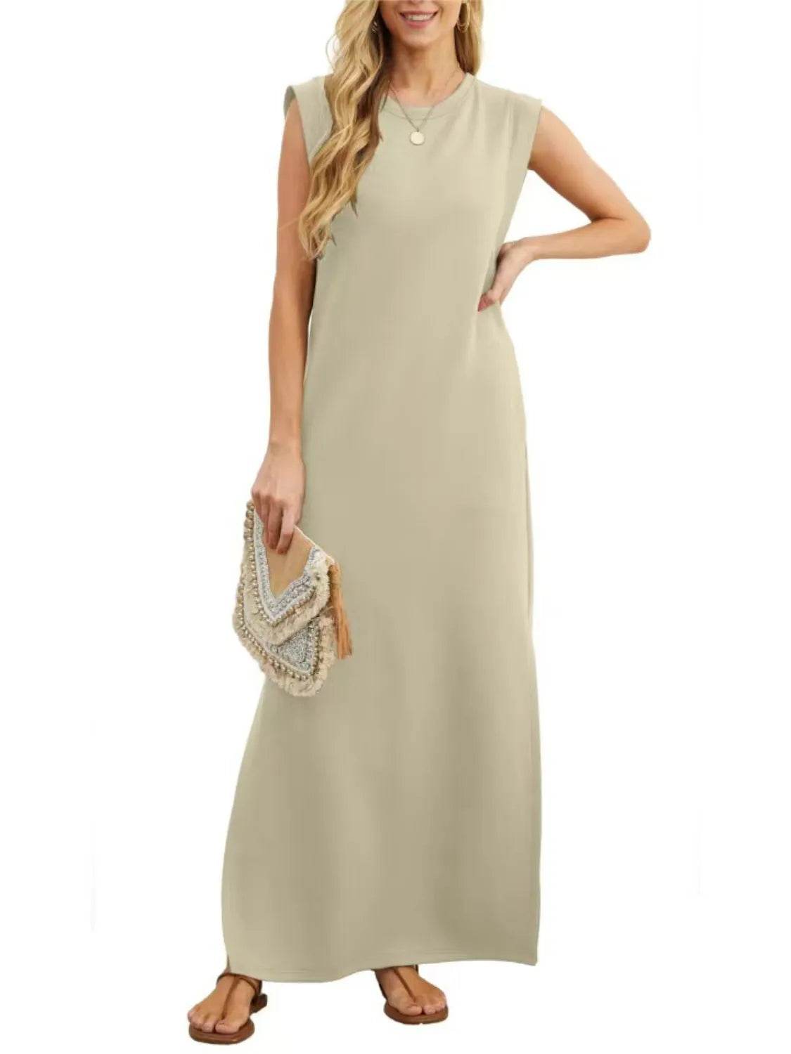 Full Size Slit Round Neck Sleeveless Maxi Tank Dress Plus Size - IntuitiveEncBoutique