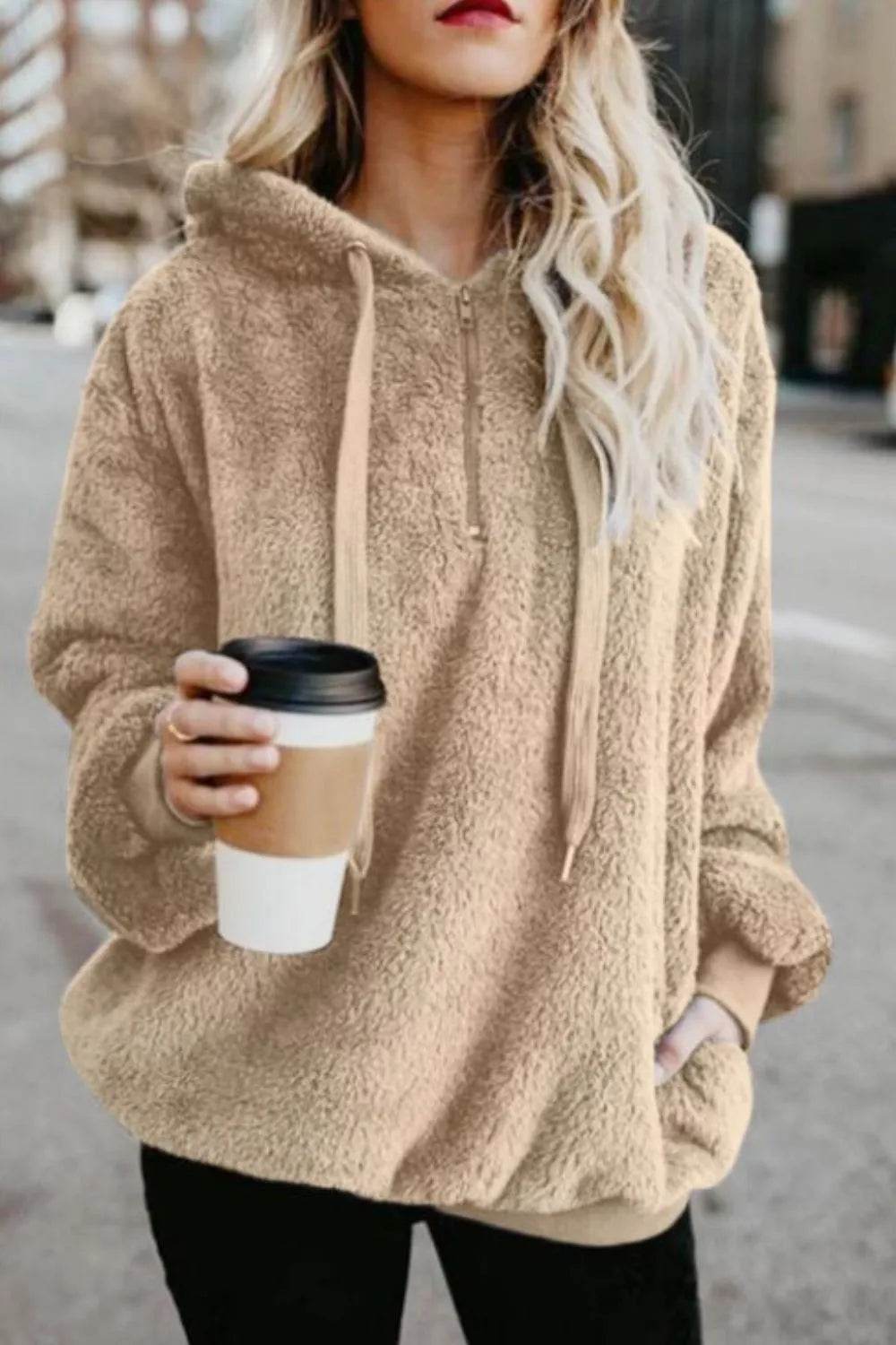 Full Size Quarter-Zip Drawstring Teddy Hoodie - IntuitiveEncBoutique