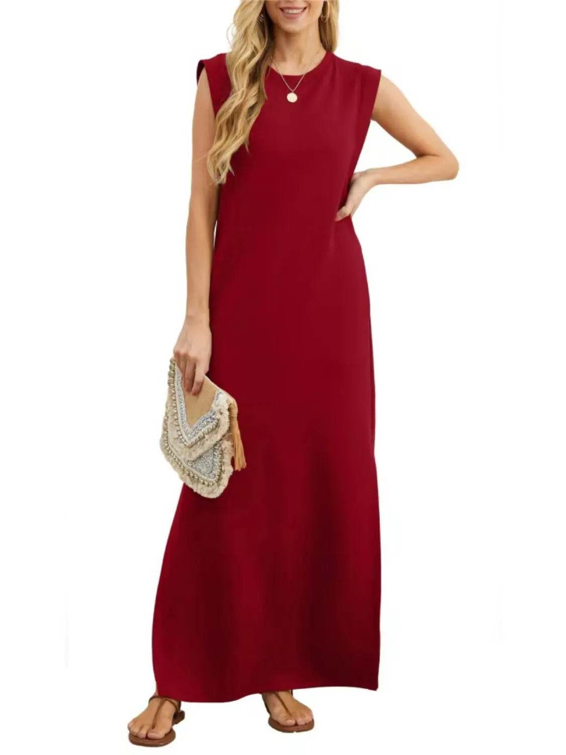 Full Size Slit Round Neck Sleeveless Maxi Tank Dress Plus Size - IntuitiveEncBoutique