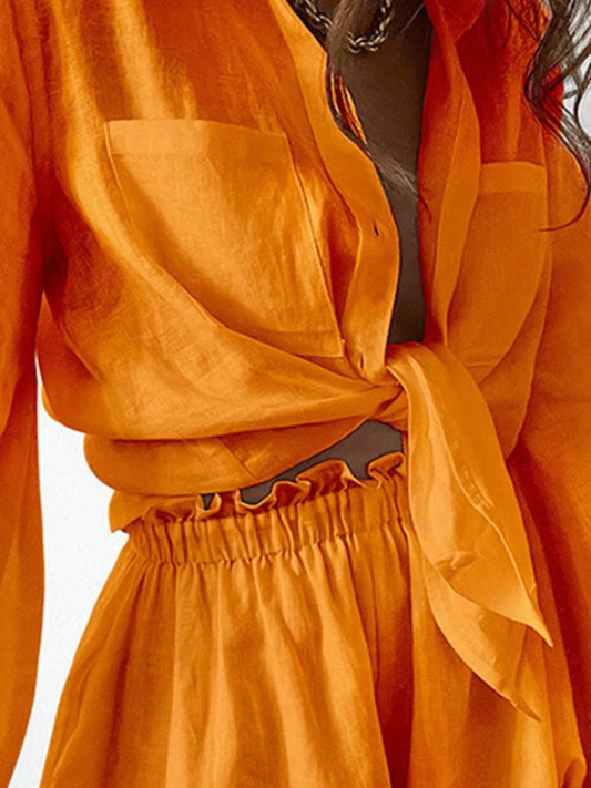 Full Size Button Up Balloon Sleeve Top and Shorts Set Plus Size - IntuitiveEncBoutique