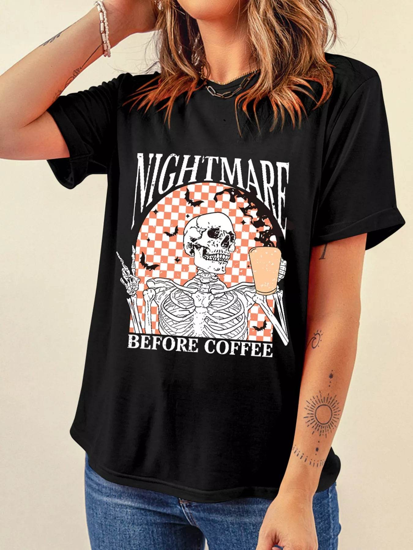 Halloween Skull Checkerboard Graphic Round Neck Tee - IntuitiveEncBoutique