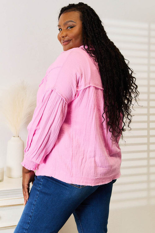 Double Take Exposed Seam Buttoned Notched Neck Blouse - IntuitiveEncBoutique