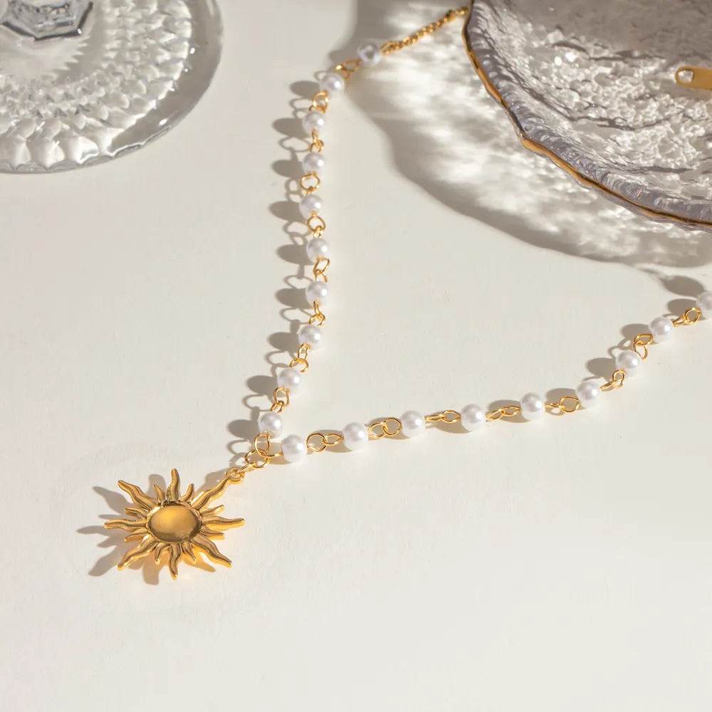 18K Gold-Plated Pearl Sun Necklace - IntuitiveEncBoutique