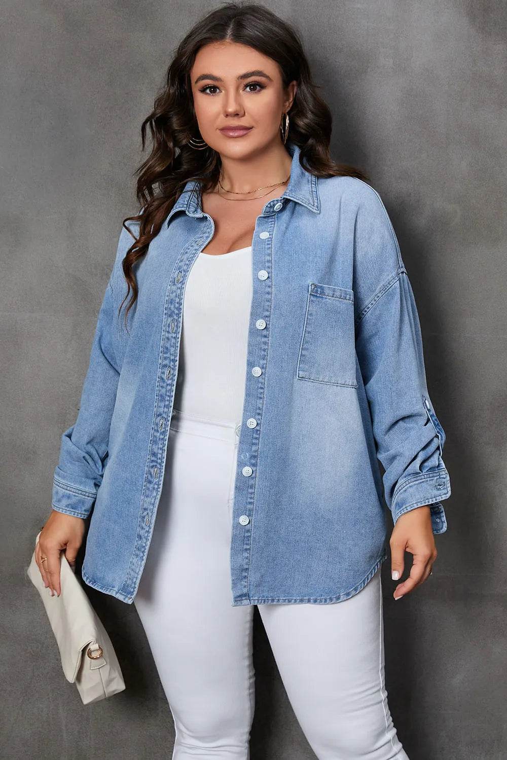 Plus Size Button Up Pocketed Denim Top - IntuitiveEncBoutique