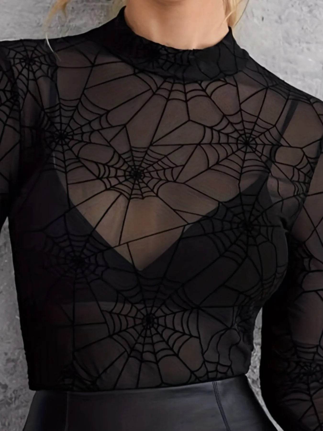 Spider Web Print Long Sleeve Blouse - IntuitiveEncBoutique