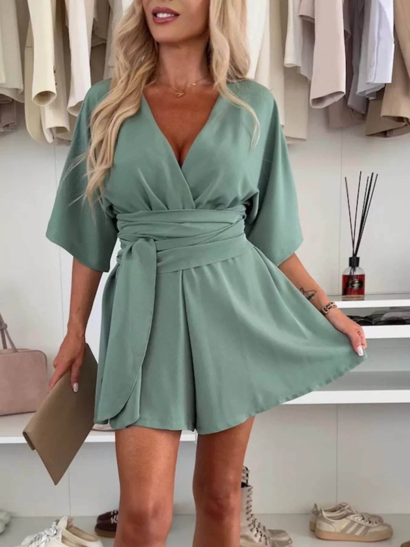 Full Size Surplice Tie Waist Romper Plus Size - IntuitiveEncBoutique