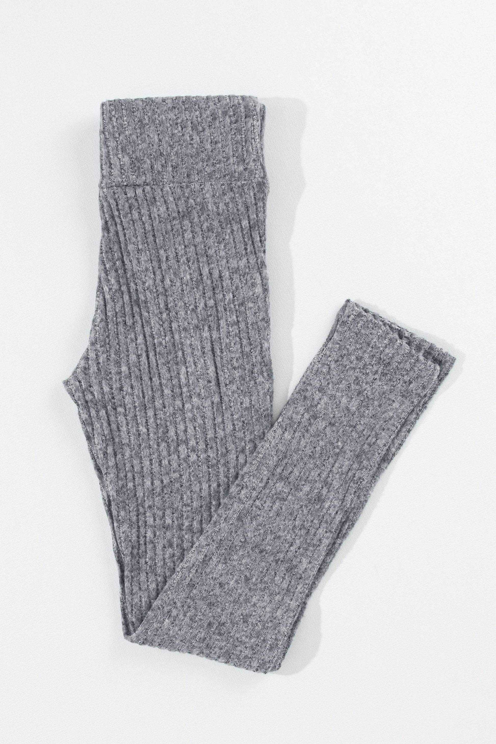 Dark Grey Wide Waistband Ribbed Textured Knit Leggings - IntuitiveEncBoutique