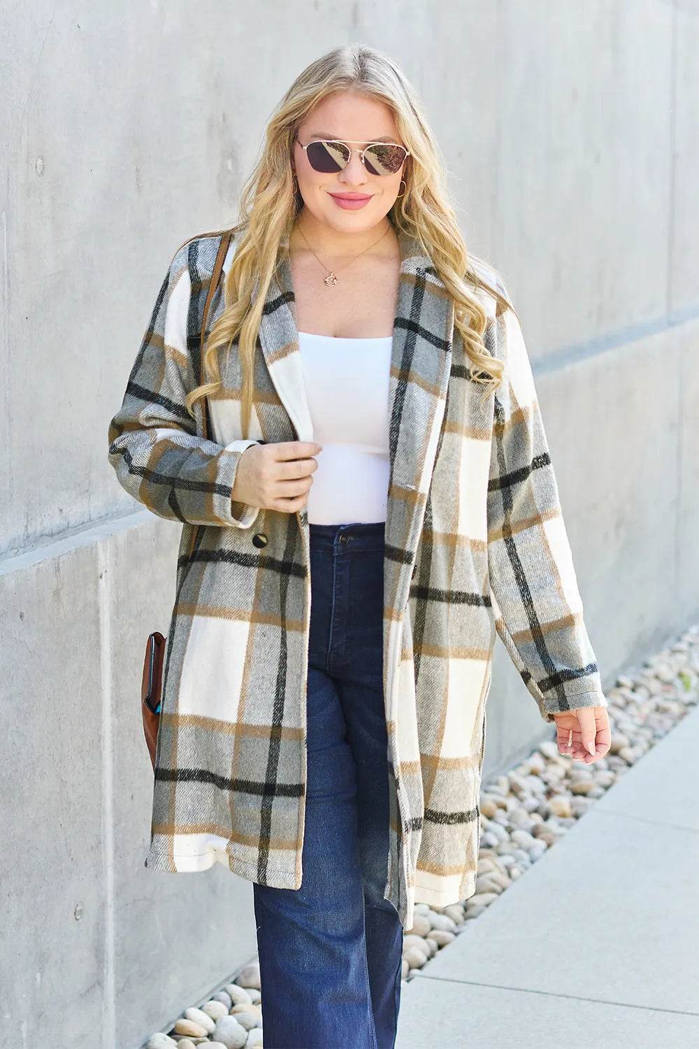 Double Take Full Size Plaid Button Up Lapel Collar Coat - IntuitiveEncBoutique