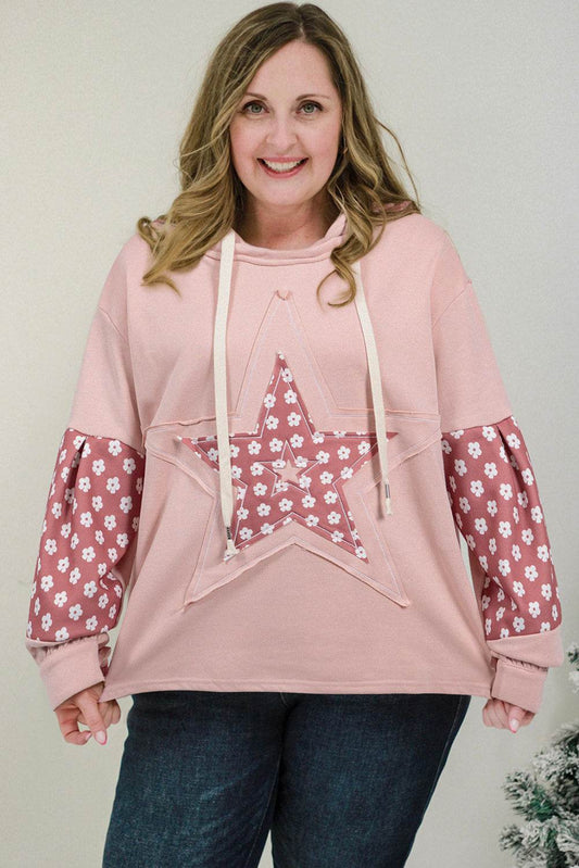 Delicacy Star Patch Graphic Floral Color Block Drawstring Plus Size Hoodie - IntuitiveEncBoutique