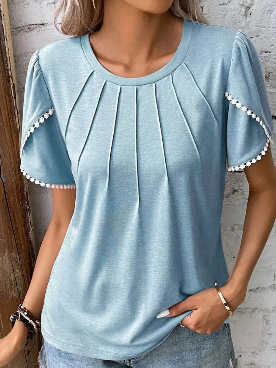 Full Size Round Neck Petal Sleeve Blouse Plus Size - IntuitiveEncBoutique