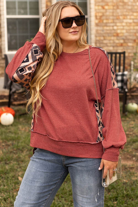 Redwood Burl Aztec Patchwork Drop Shoulder Plus Size High Low Sweatshirt - IntuitiveEncBoutique