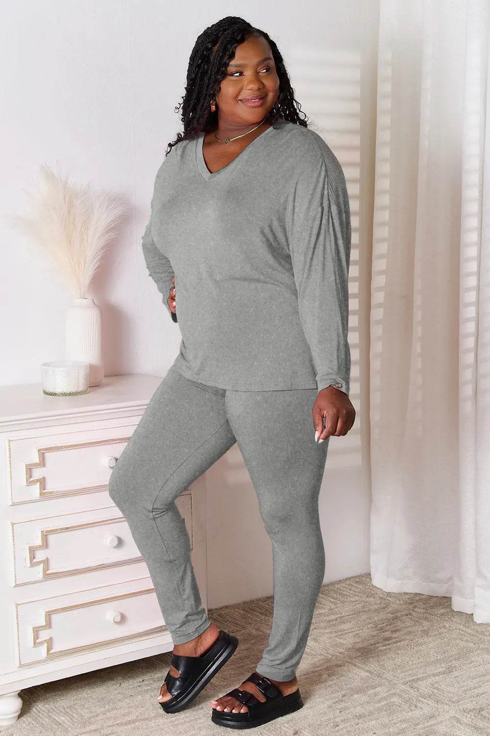 Basic Bae Bamboo Full Size V-Neck Long Sleeve Top and Pants Lounge Set - IntuitiveEncBoutique