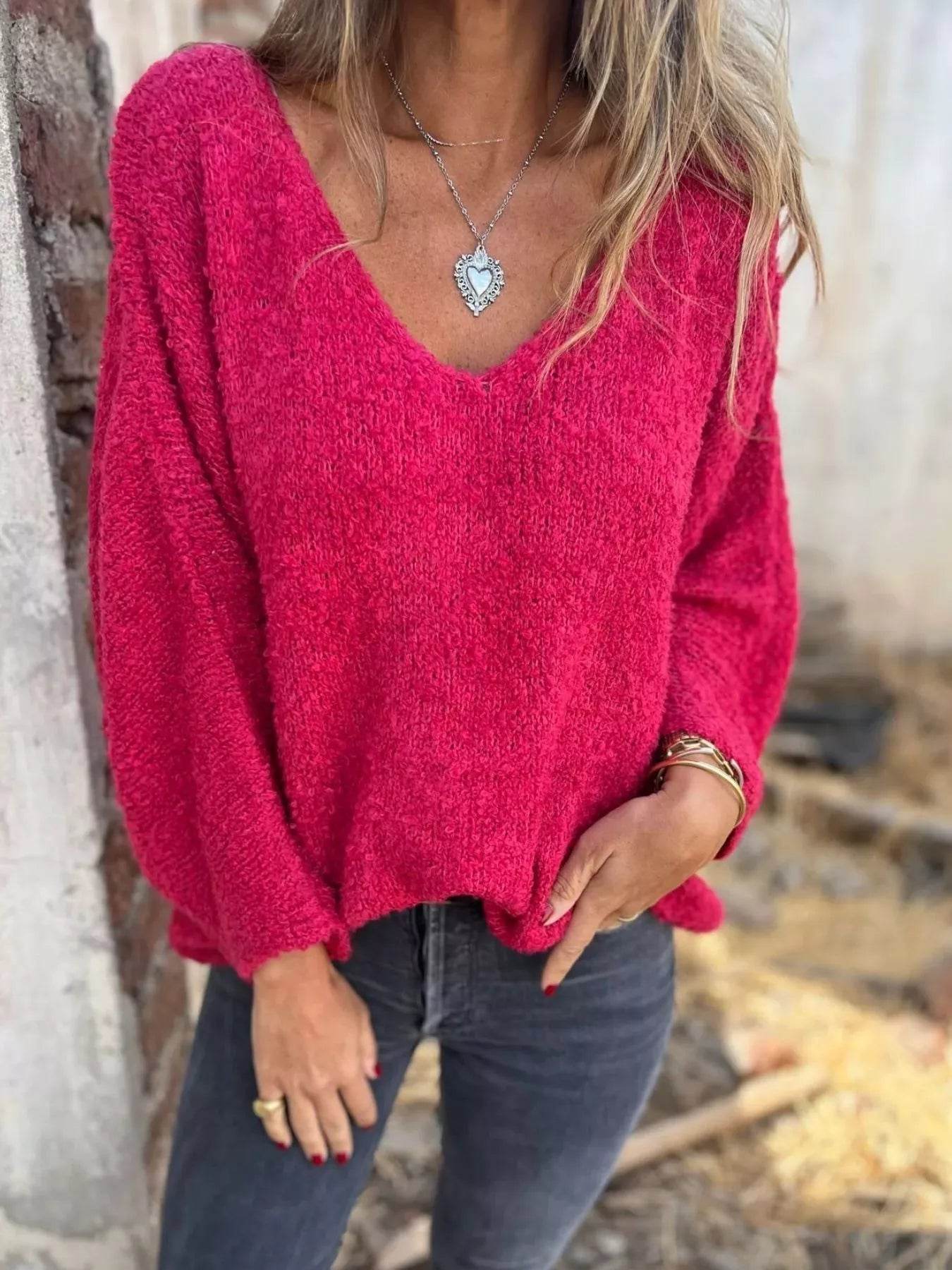 Full Size V-Neck Long Sleeve Sweater Plus Size - IntuitiveEncBoutique