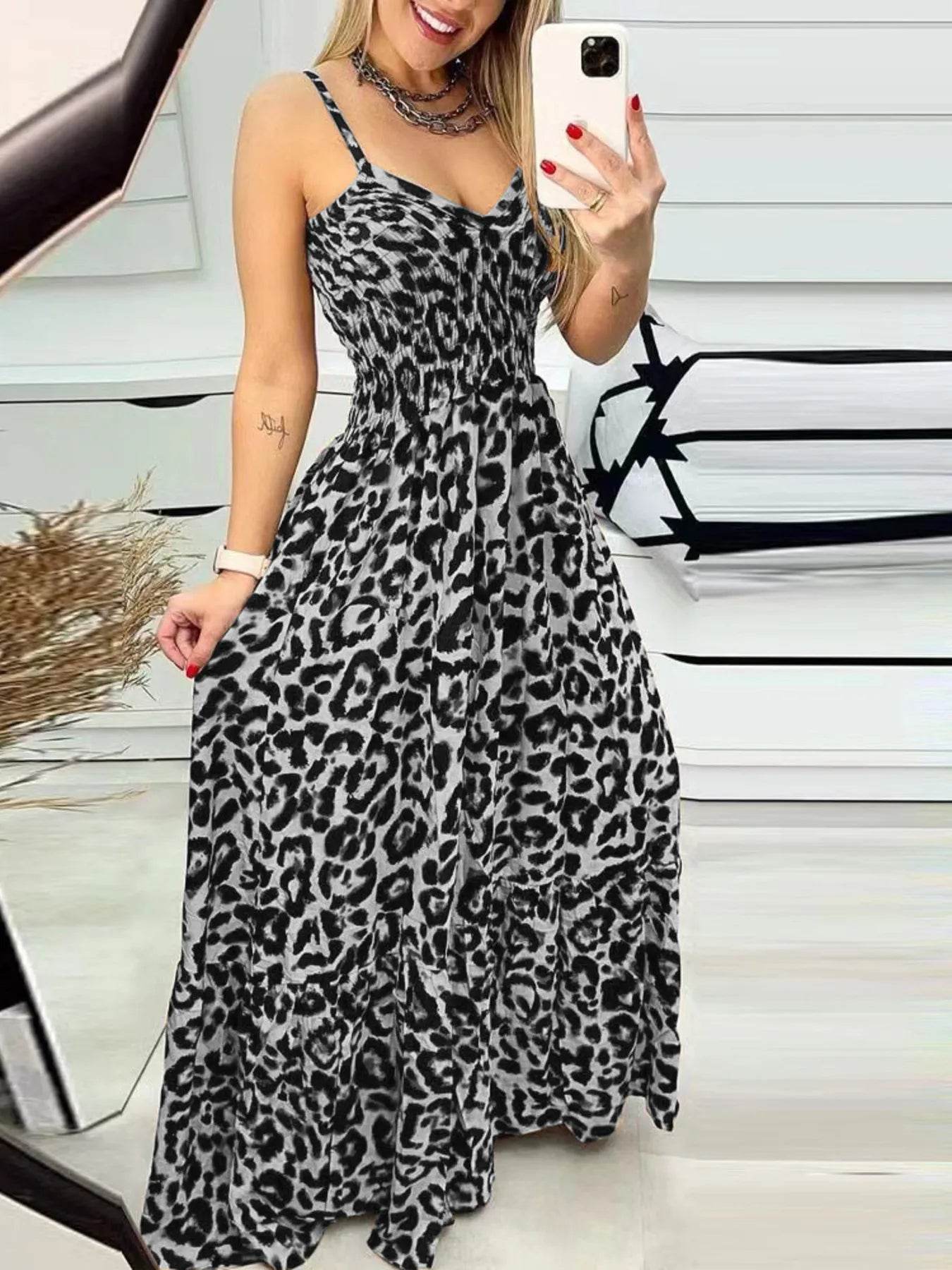 Full Size Leopard Print Spaghetti Strap Maxi Dress Plus Size - IntuitiveEncBoutique